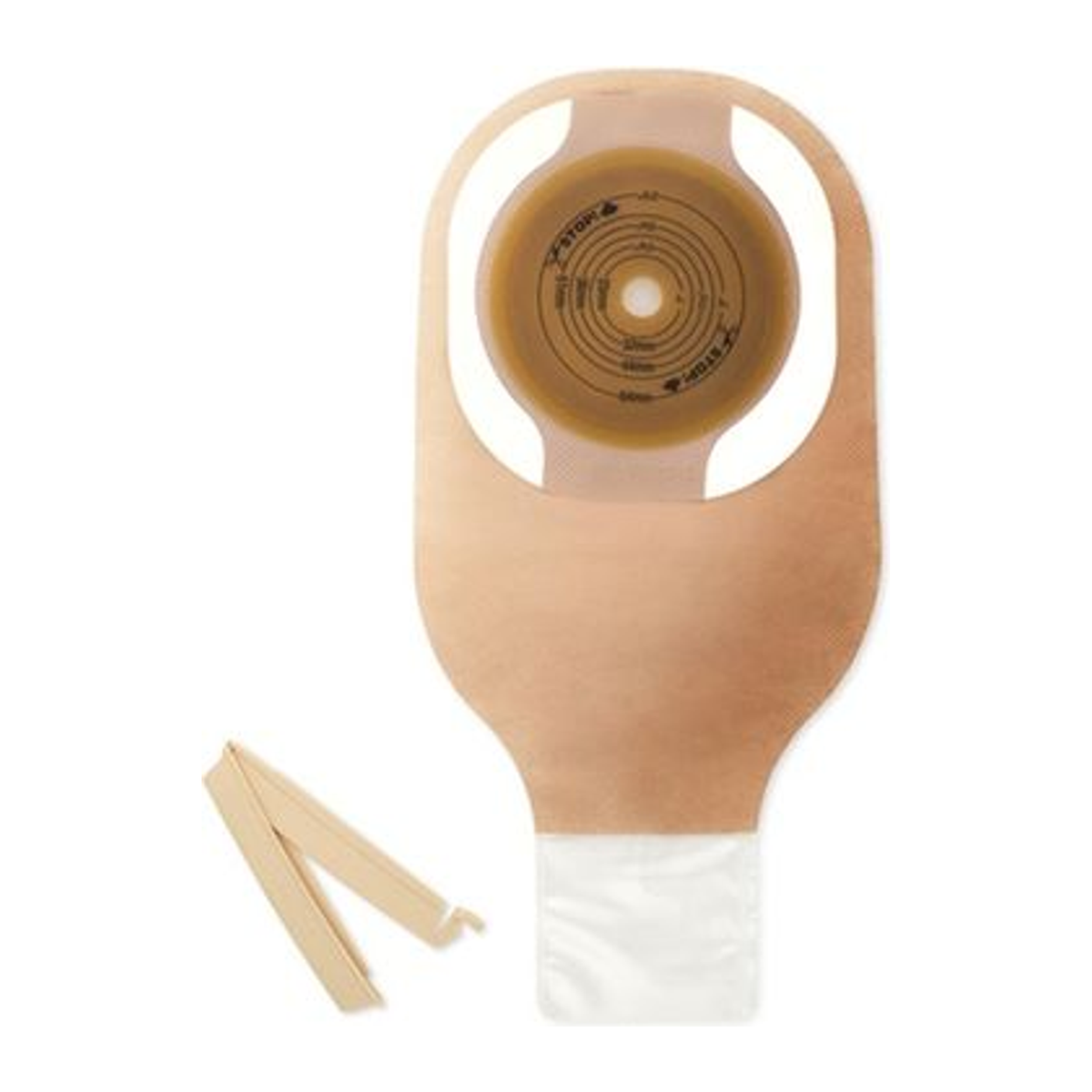 Hollister Premier flat Flextend one-piece drainable ostomy kit, model 89003, ultra-clear with curved clamp closure.