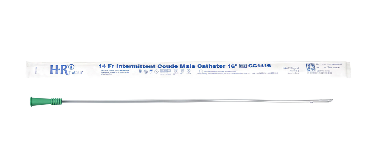 HR HealthCare TruCath® Coude Tip Intermittent Catheter - Male (HRCC1416, HRCC1416-BX) on a white background