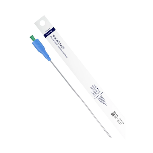 HR HealthCare TruCath® Swift™ Pre-Lubricated Intermittent Catheter, Coudé Tip, TruProtect® Grip (HRCC1816G, HRCC1816G-BX) on a white background