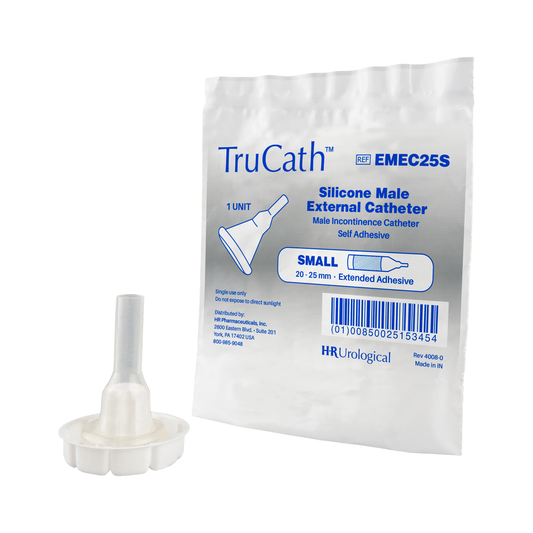 HR HealthCare TruCath® 100% Silicone Male External Catheters, Extended Adhesive (HREMEC25S, HREMEC29M) on a white background