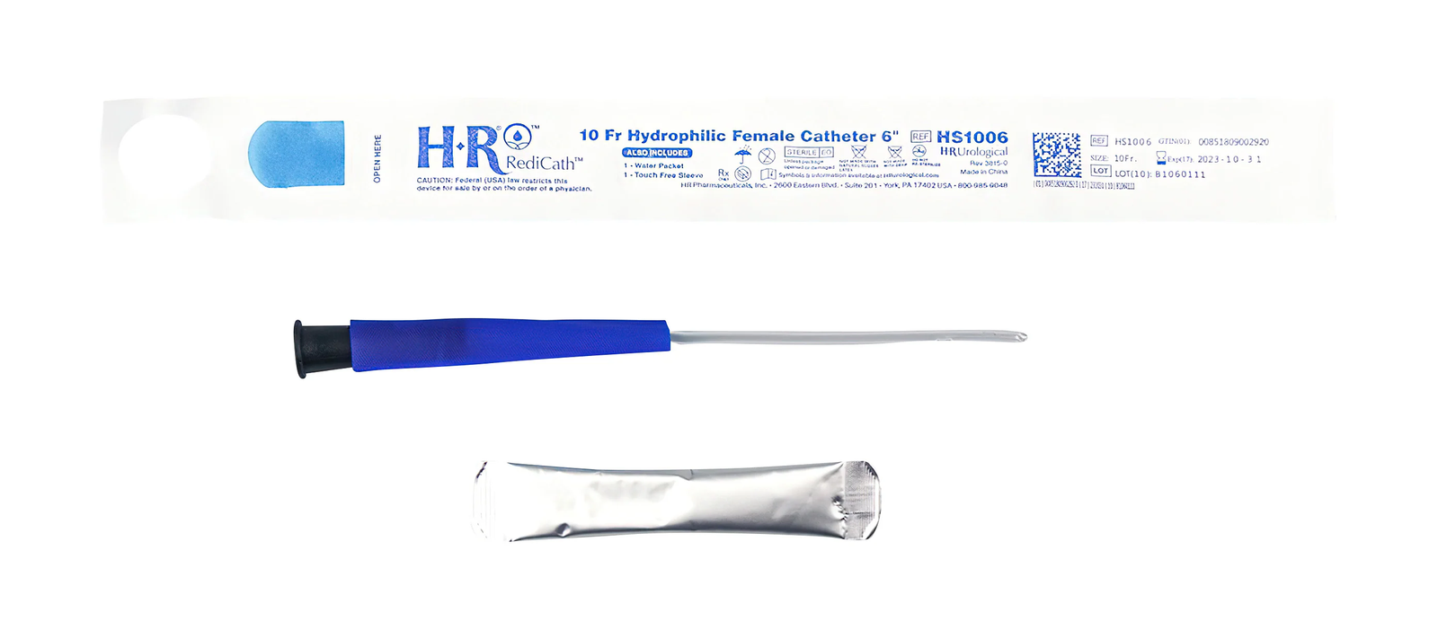 HR HealthCare TruCath® Hydrophilic Straight Tip Intermittent Catheter - Female (HRHS1006, HRHS1006-BX) on a white background