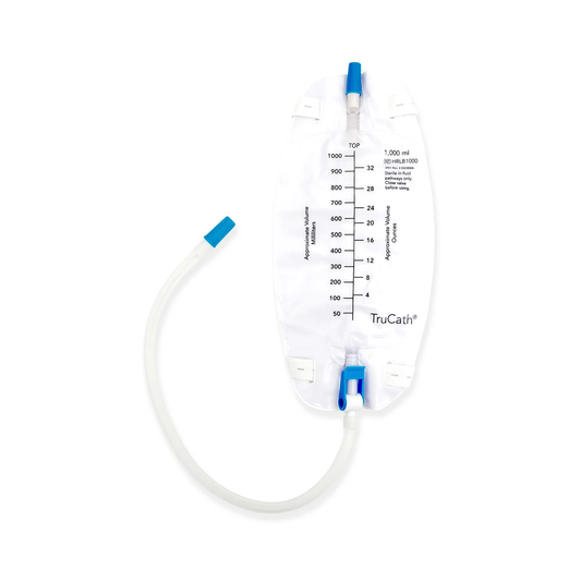 HR HealthCare TruCath® Leg Bags (HRLB500, HRLB1000) on a white background