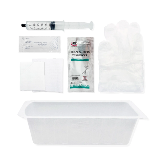 HR HealthCare TruAdvance® Foley Insertion Tray, BZK Pre-Saturated Swabsticks (HRPFIT10BZK, HRPFIT30BZK) on a white background