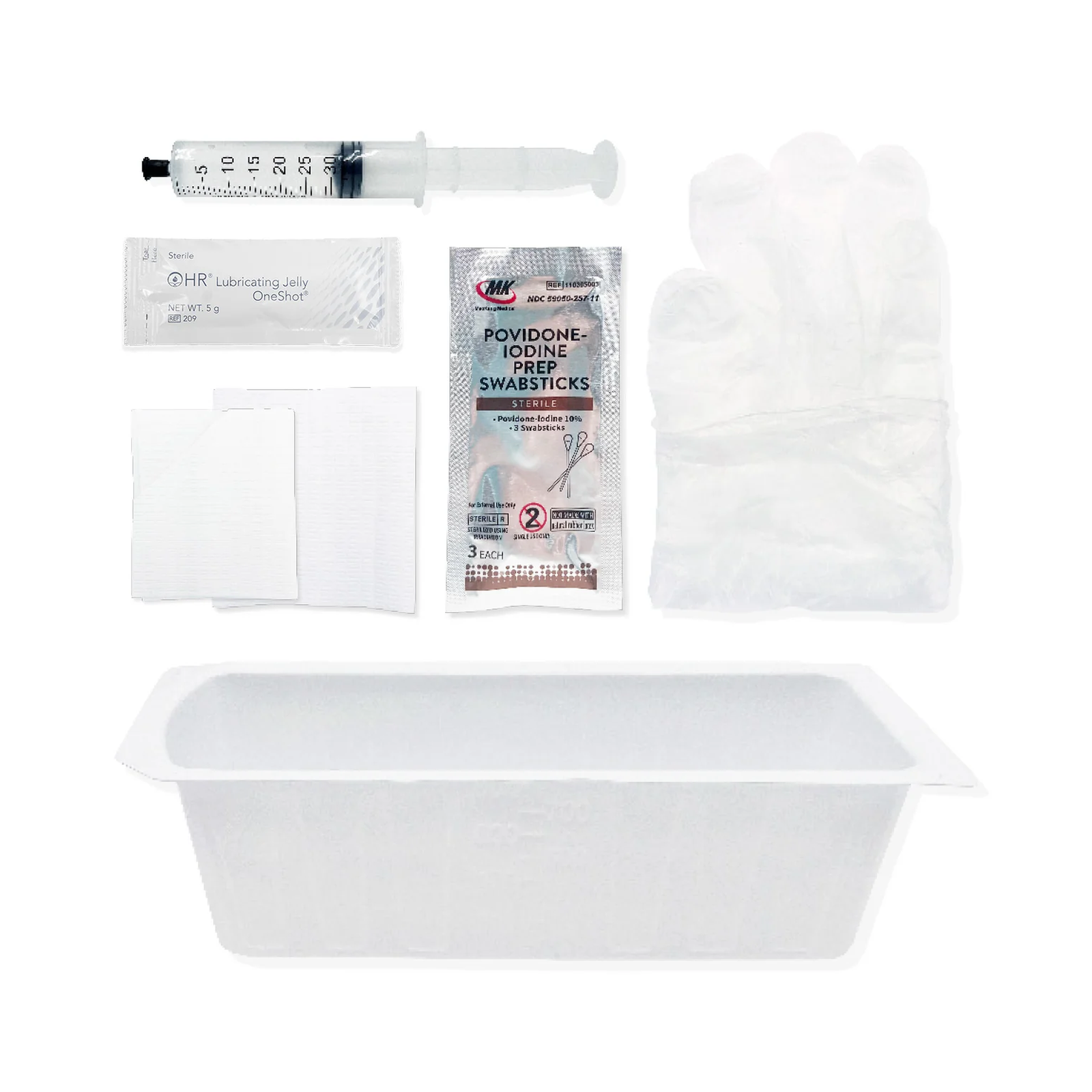 HR HealthCare TruAdvance® Foley Insertion Tray, PVP Pre-Saturated Swabsticks (HRPFIT10PVP, HRPFIT30PVP) on a white background