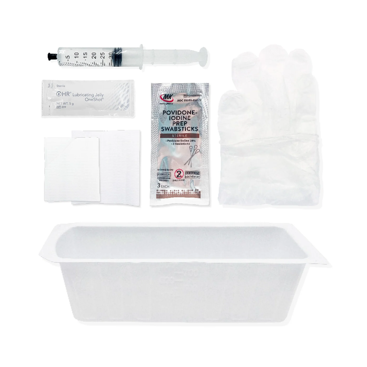 HR HealthCare TruAdvance® Foley Insertion Tray, PVP Pre-Saturated Swabsticks (HRPFIT10PVP, HRPFIT30PVP) on a white background