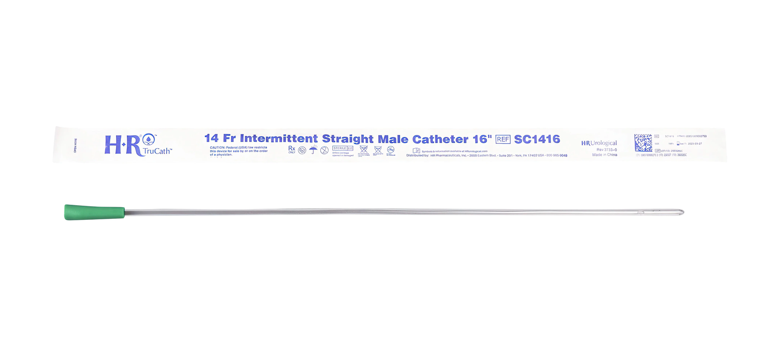 HR HealthCare TruCath® Uncoated Straight Tip Intermittent Catheter - Male (Soft PVC) (HRPSC1216S, HRPSC1416S) on a white background