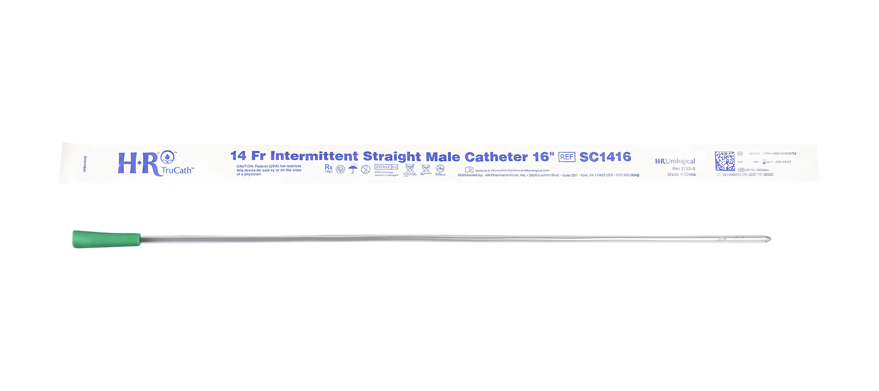 HR HealthCare TruCath® Uncoated Straight Tip Intermittent Catheter - Male (Soft PVC) (HRPSC1216S, HRPSC1416S) on a white background