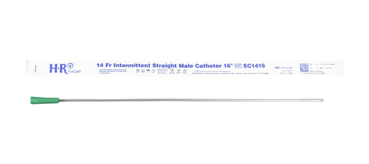 HR HealthCare TruCath® Uncoated Straight Tip Intermittent Catheter - Male (Soft PVC) (HRPSC1216S, HRPSC1416S) on a white background