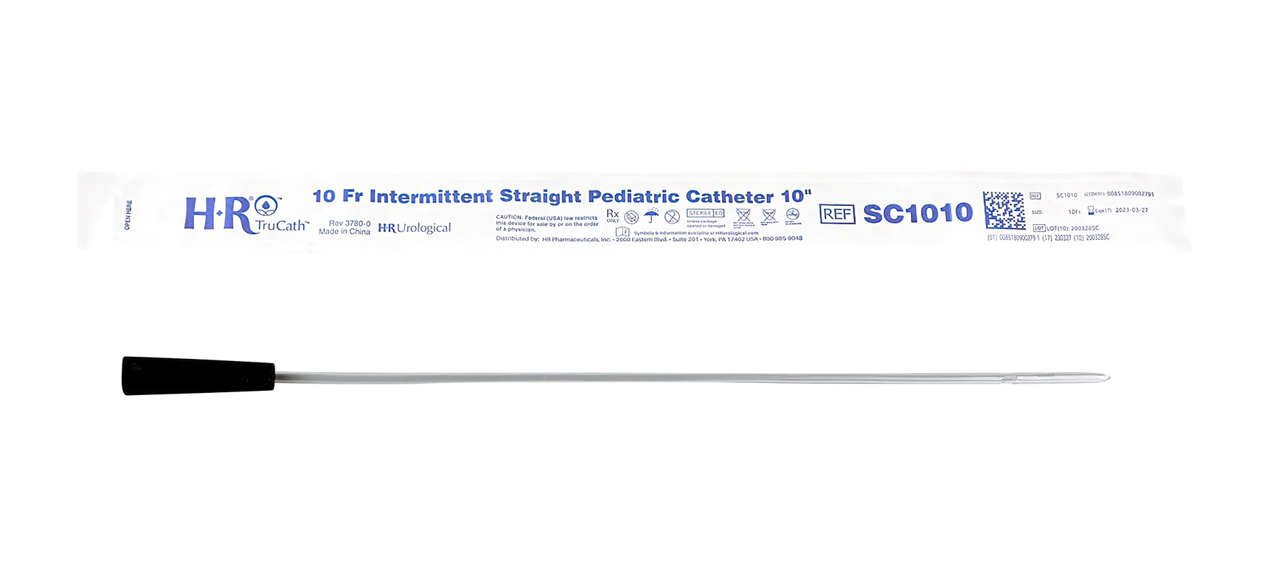 HR HealthCare TruCath® Straight Tip Intermittent Catheter - Pediatric (HRSC0810, HRSC0810-BX) on a white background