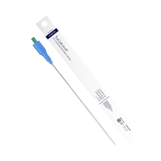 HR HealthCare TruCath® Swift™ Pre-lubricated Male Intermittent Catheter, TruProtect™ Grip (HRSC0816G, HRSC0816G-BX) on a white background