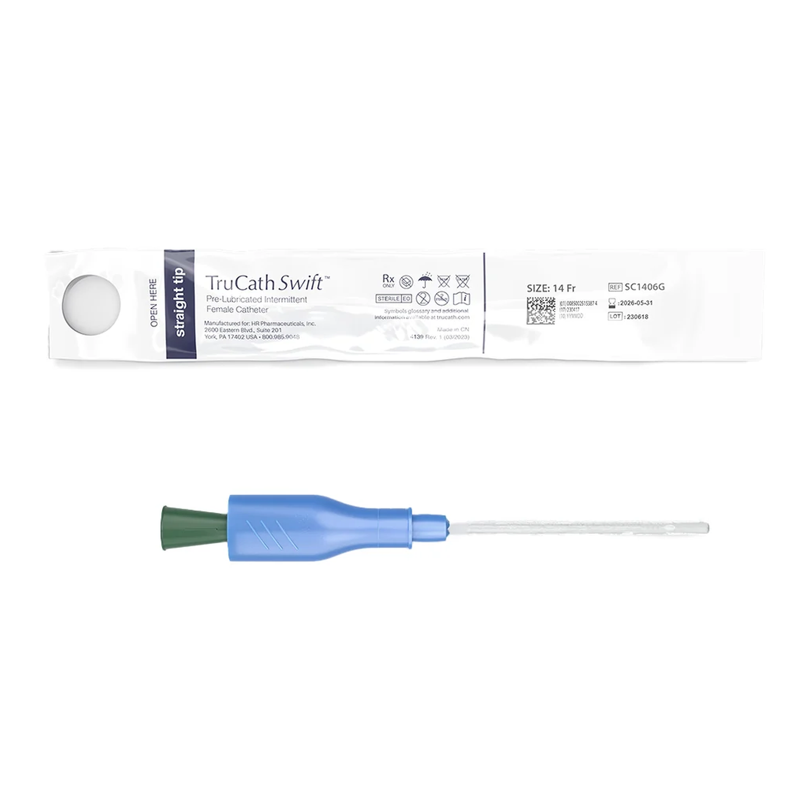 HR HealthCare TruCath® Swift™ Pre-lubricated Female Intermittent Catheter, TruProtect® Grip (HRSC1406G, HRSC1406G-BX) on a white background