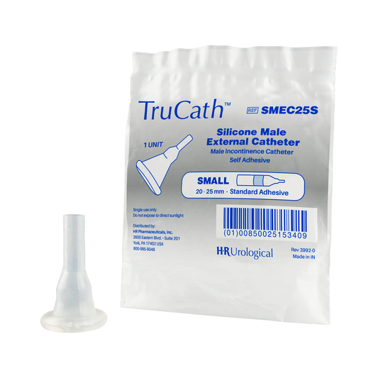 HR HealthCare TruCath® 100% Silicone Male External Catheters, Standard Adhesive (HRSMEC25S, HRSMEC29M) on a white background