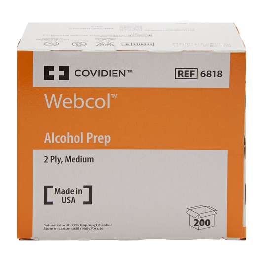Covidien Webcol 6818 alcohol prep wipes on a white background