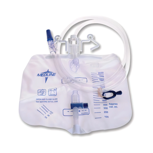 Medline Medline Urinary 2000 ml Drain Bag with Anti-Reflux Tower with Slide-Tap (MLNDYND15205) on a white background