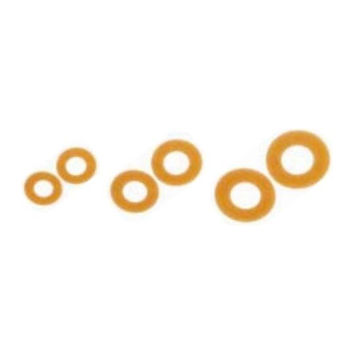 Nu-Hope standard-wear ostomy barrier washers in representative opening sizes on white