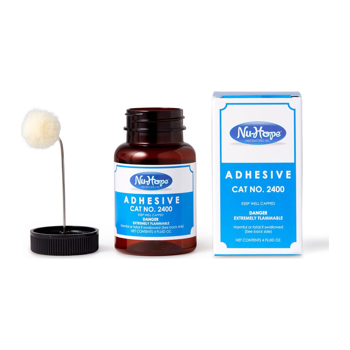 Nu-Hope ostomy adhesive bottle with dauber applicator and carton on white; 4 oz catalog 2400 shown, 2 oz catalog 2401 available