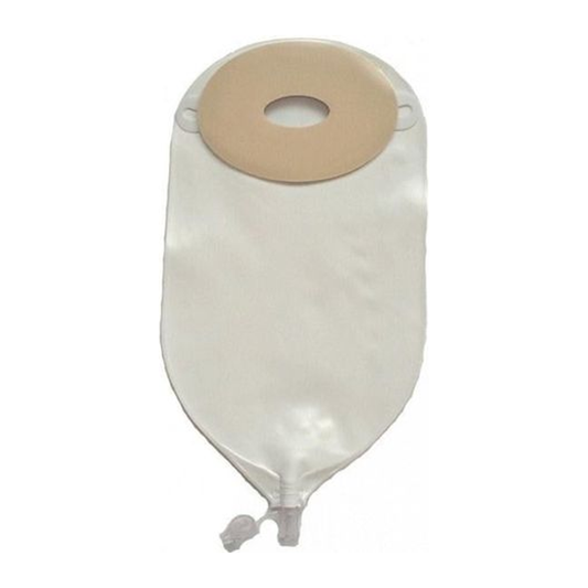 Nu-Hope round opaque one-piece urinary pouch, model 8256, three-quarter inch precut flat barrier