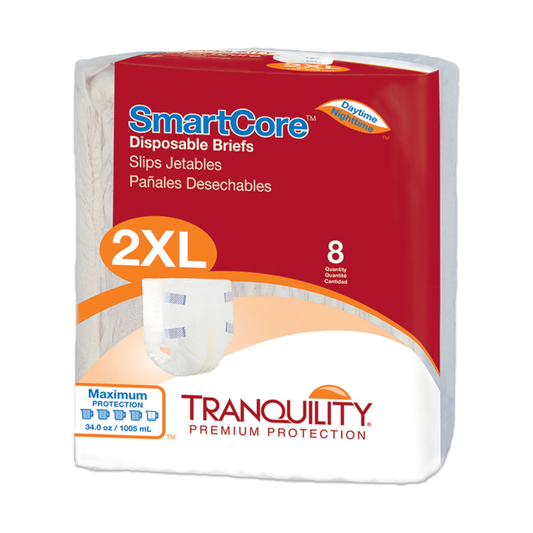 Tranquility Tranquility SmartCore Adult Disposable Briefs with Tabs, Maximum Absorbency (PBE2311, PBE2312) on a white background