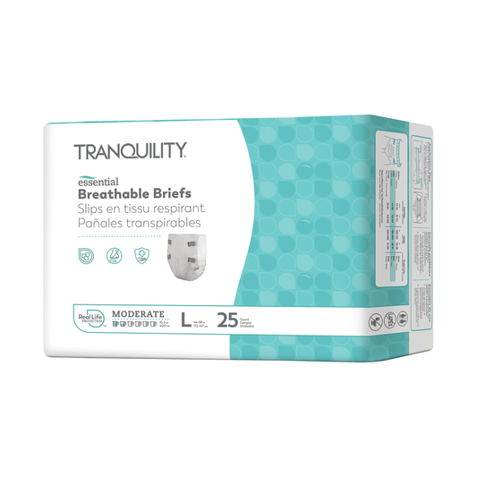 Tranquility Tranquility Essential Breathable Adult Briefs with Tabs, Moderate Absorbency (PBE2966100, PBE2965100) on a white background