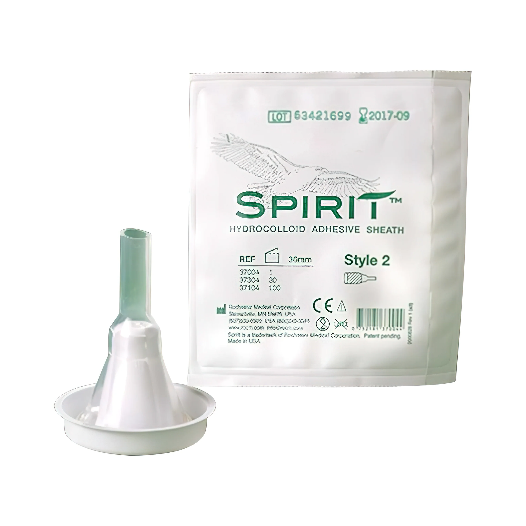 Bard Medical Bard-Rochester Spirit Hydrocolloid Adhesive Sheath Male External Condom Catheter - 1.5" Sheath (RM37101, RM37101-BX) on a white background