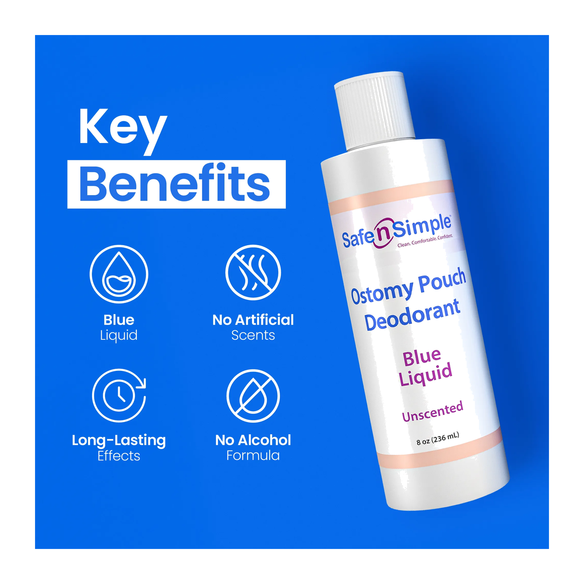 Safe-n-Simple Blue Ostomy Pouch Deodorant key benefits