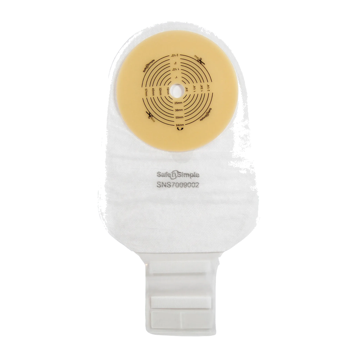 Safe-n-Simple SNS7009002 transparent 9-inch one-piece drainable ostomy pouch with cut-to-fit standard-wear barrier and Velcro closure.