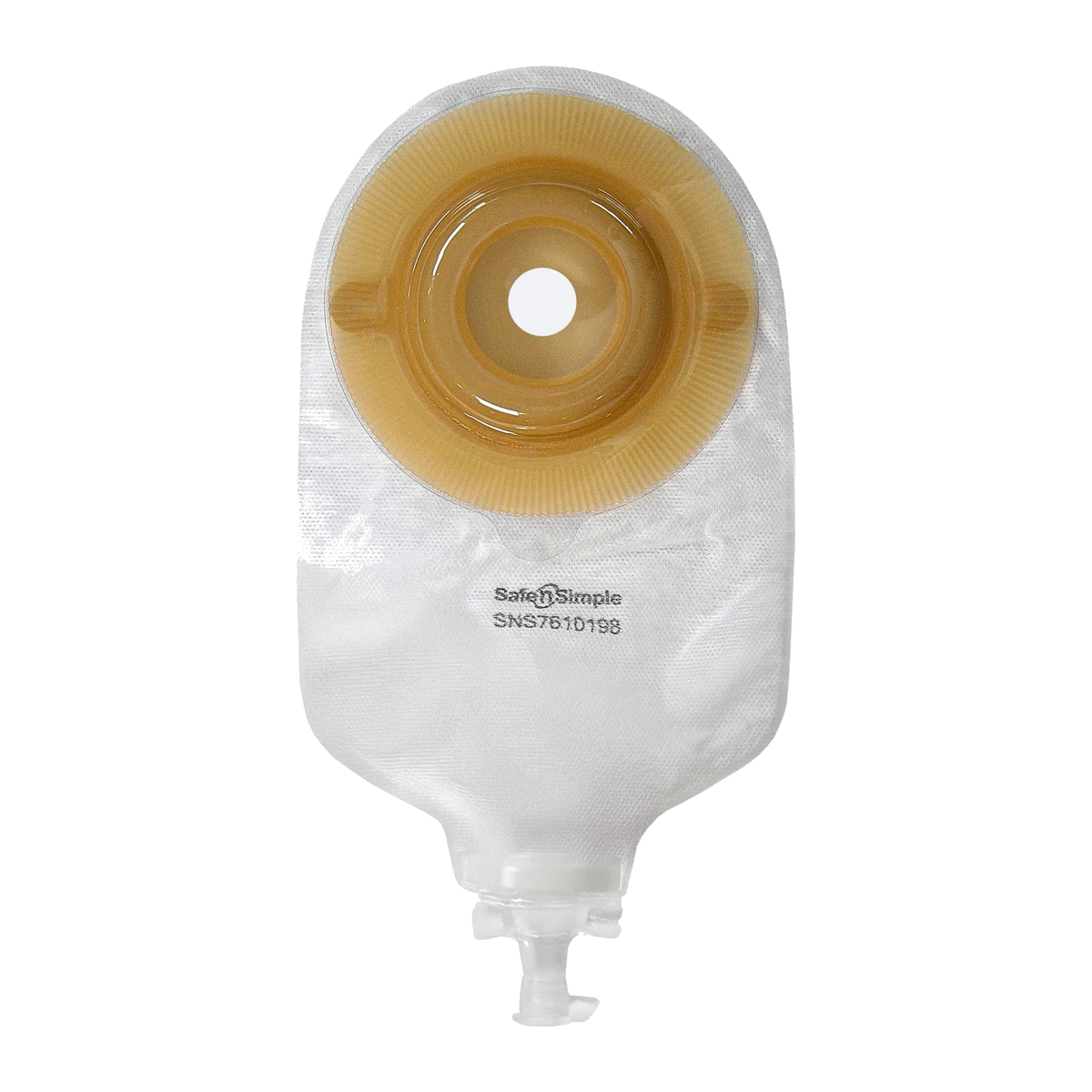 Safe-n-Simple one-piece convex extended-wear 9-inch transparent urostomy pouch, 3/4-inch pre-cut, model SNS7610198.