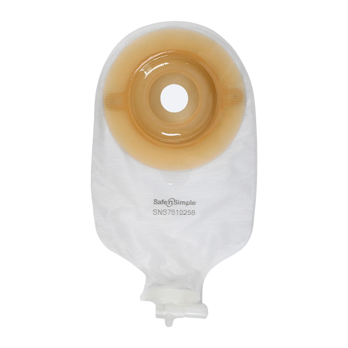 Safe-n-Simple one-piece convex extended-wear 9-inch transparent urostomy pouch, 1-inch pre-cut, model SNS7610258.