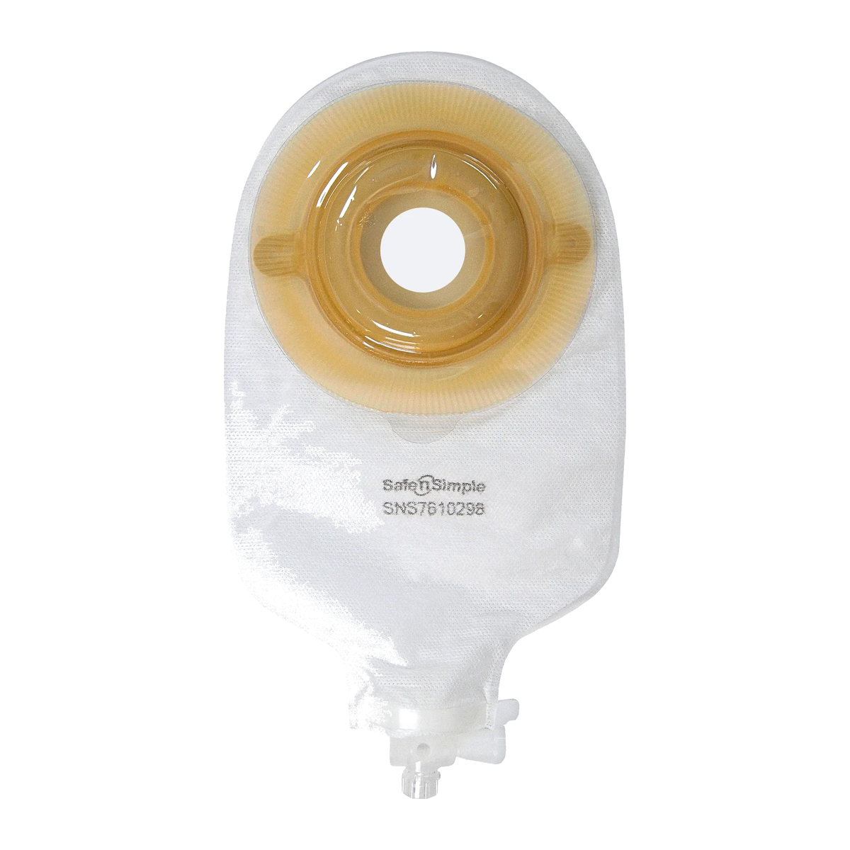 Safe-n-Simple one-piece convex extended-wear 9-inch transparent urostomy pouch, 1-1/8-inch pre-cut, model SNS7610298.