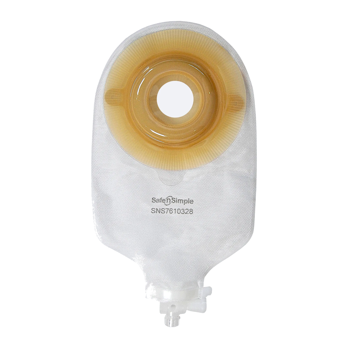 Safe-n-Simple one-piece convex extended-wear 9-inch transparent urostomy pouch, 1-1/4-inch pre-cut, model SNS7610328.