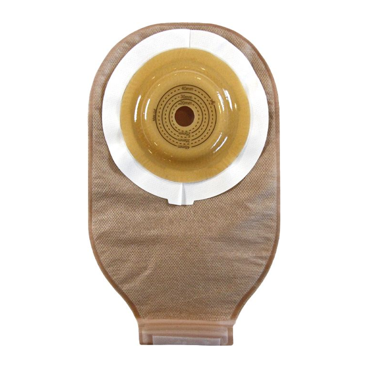 Safe-n-Simple SNS7618958 beige one-piece convex cut-to-fit drainable pouch with tape collar and hook-and-loop closure.