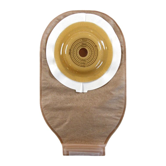 Safe-n-Simple SNS7618958 beige one-piece convex cut-to-fit drainable pouch with tape collar and hook-and-loop closure.