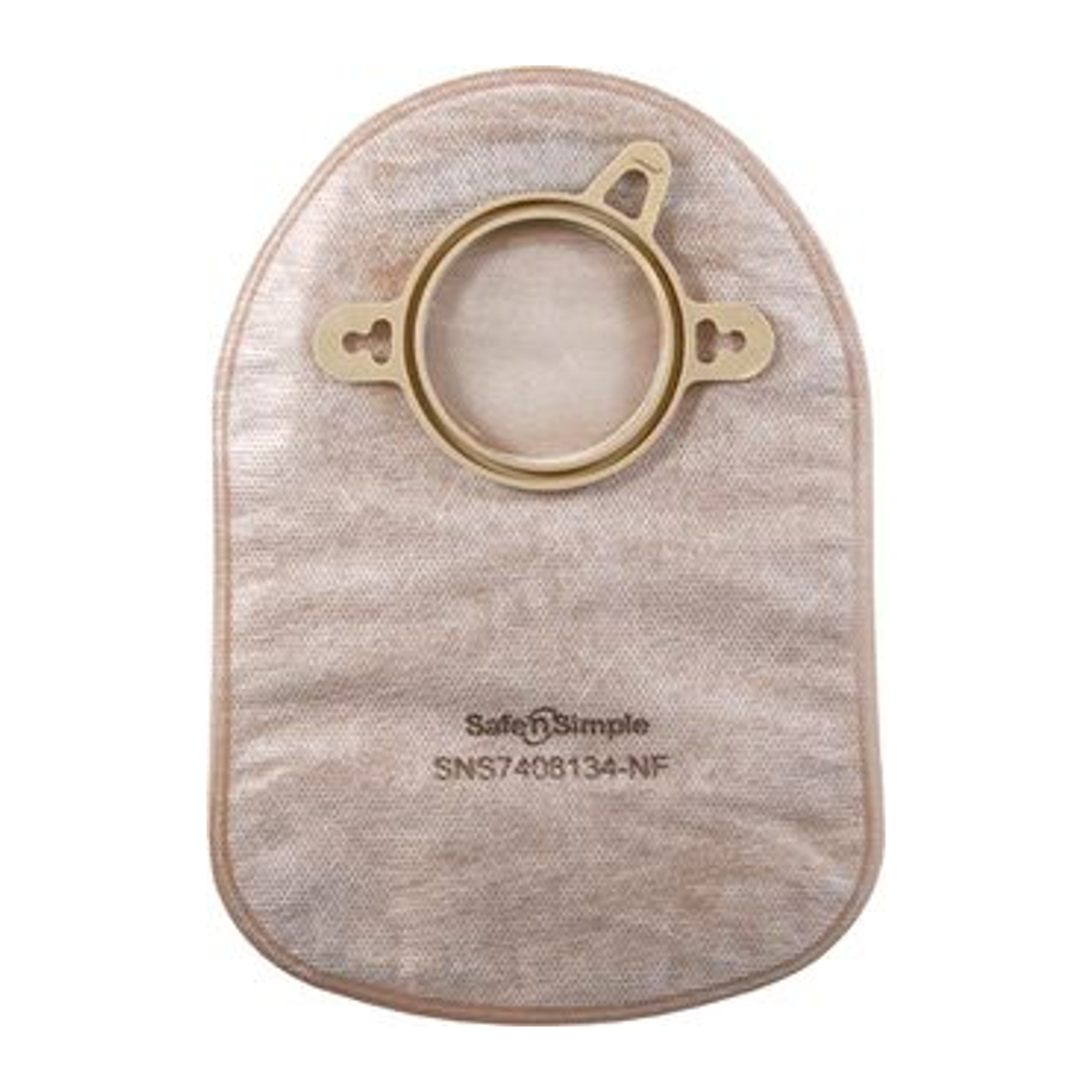Safe-n-Simple two-piece drainable ostomy pouch, beige family-representative view; length and flange vary