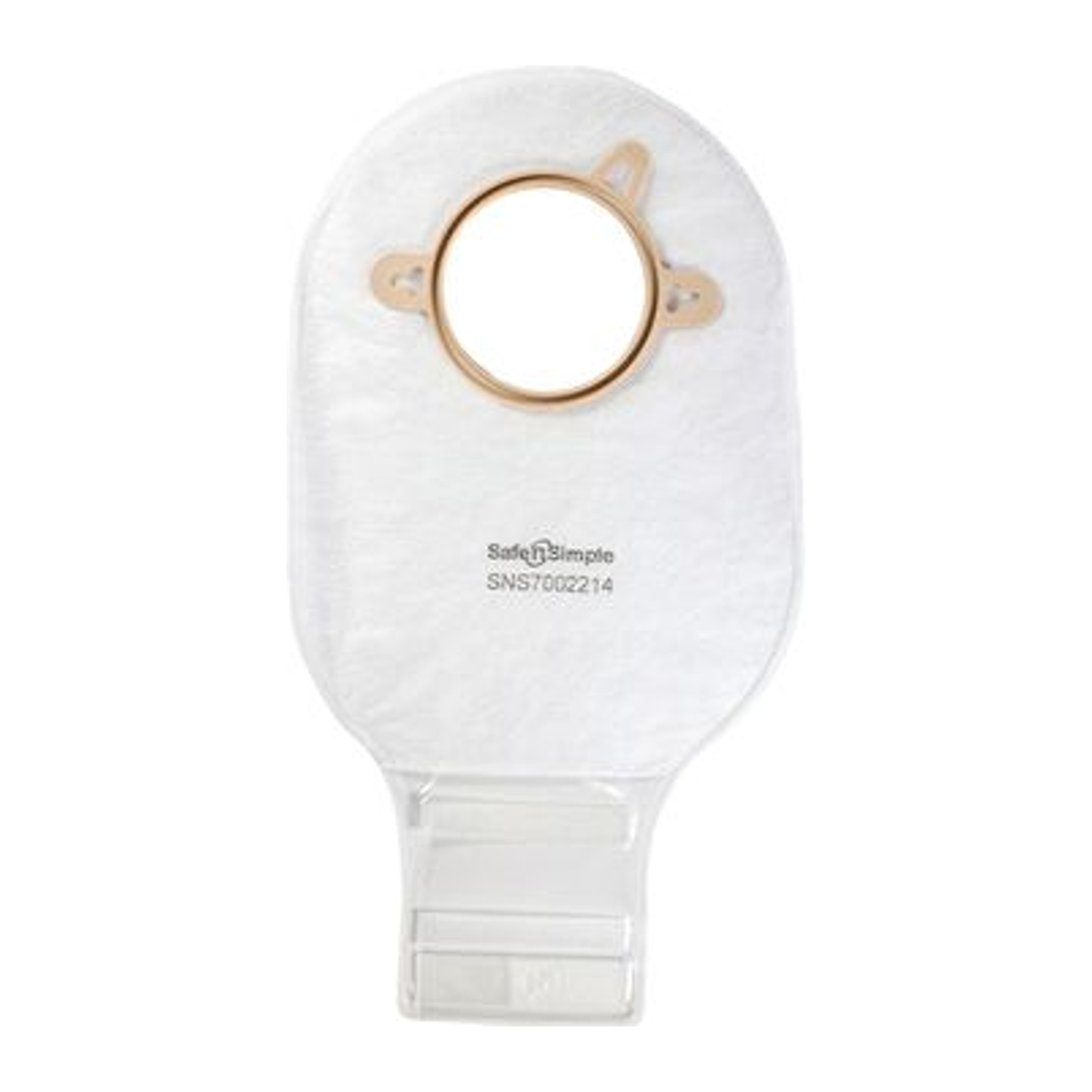 Safe-n-Simple two-piece drainable ostomy pouch, transparent family view; length, flange, and filter vary