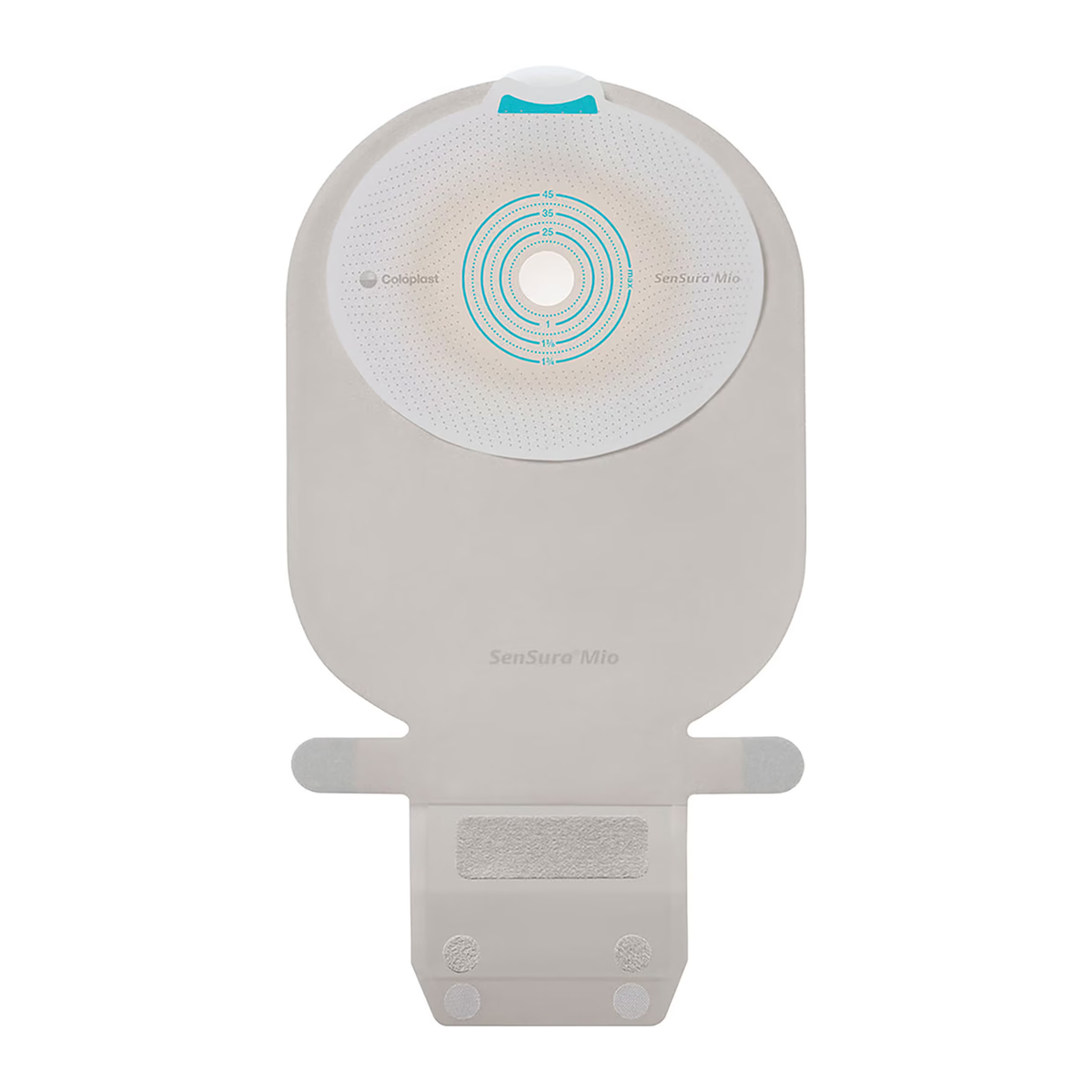 Coloplast SenSura Mio flat transparent filtered one-piece drainable pouch, back view.