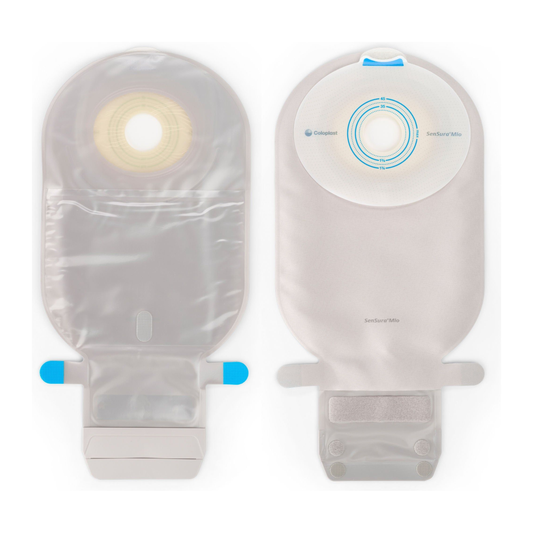 Coloplast SenSura Mio Flat MAXI transparent drainable pouch without filter, front and back views