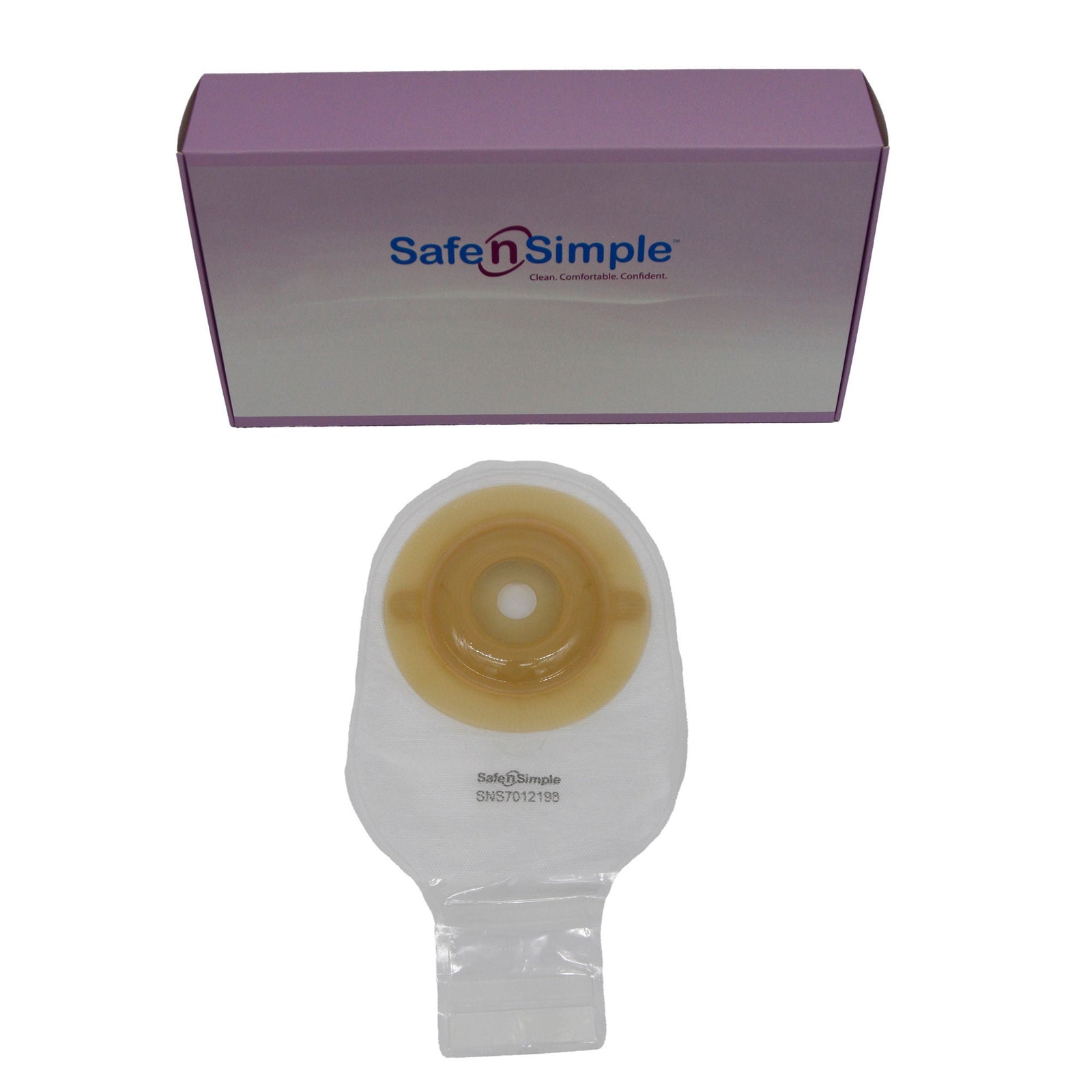 Safe-n-Simple One-Piece Extended Wear Convex Drainable Pouch - 12" Transparent, No Filter - exact SNS7012198 product and package image.