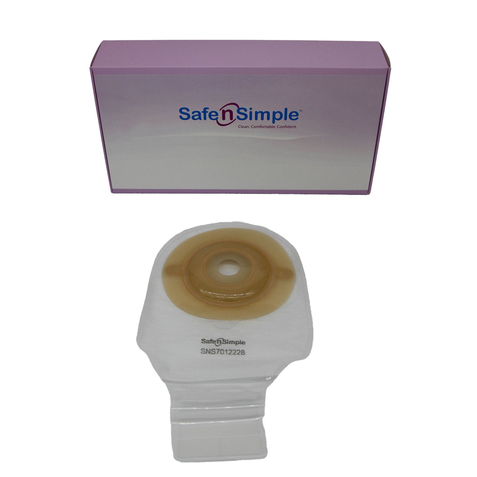Safe-n-Simple One-Piece Extended Wear Convex Drainable Pouch - 12" Transparent, No Filter - exact SNS7012228 product and package image.