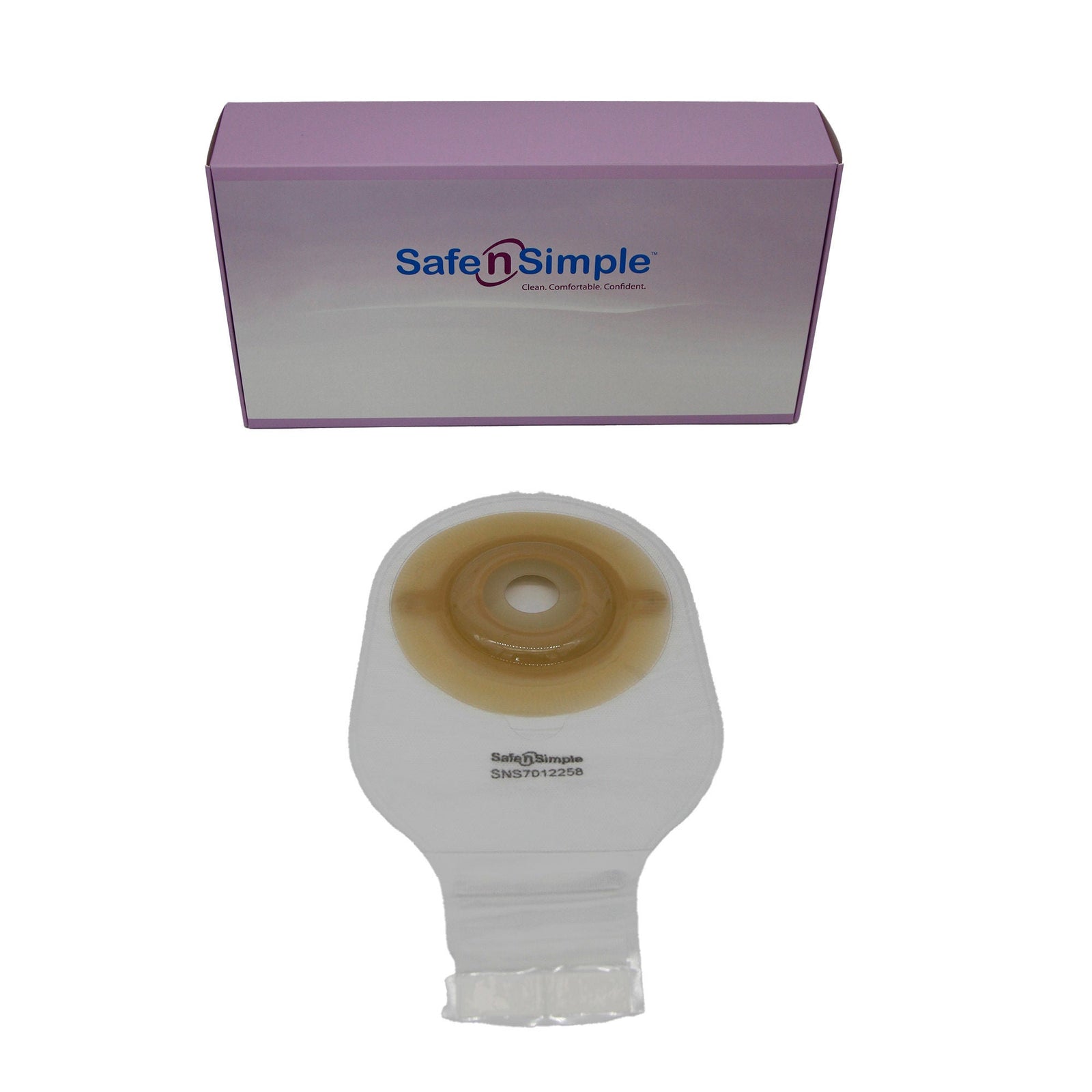 Safe-n-Simple One-Piece Extended Wear Convex Drainable Pouch - 12" Transparent, No Filter - exact SNS7012258 product and package image.