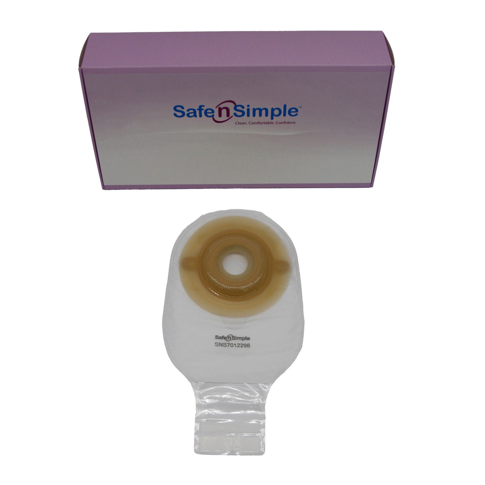 Safe-n-Simple One-Piece Extended Wear Convex Drainable Pouch - 12" Transparent, No Filter - exact SNS7012298 product and package image.