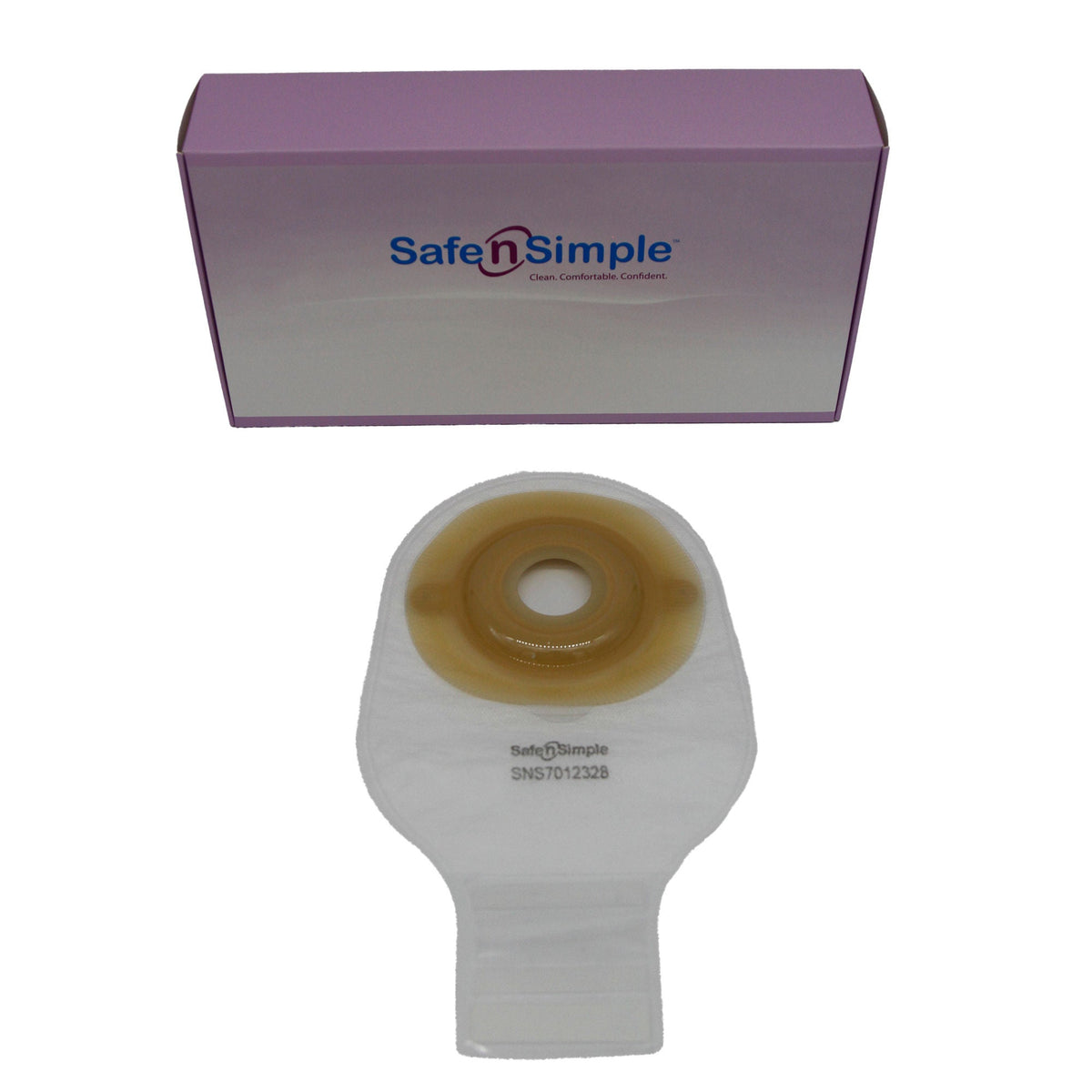 Safe-n-Simple One-Piece Extended Wear Convex Drainable Pouch - 12" Transparent, No Filter - exact SNS7012328 product and package image.