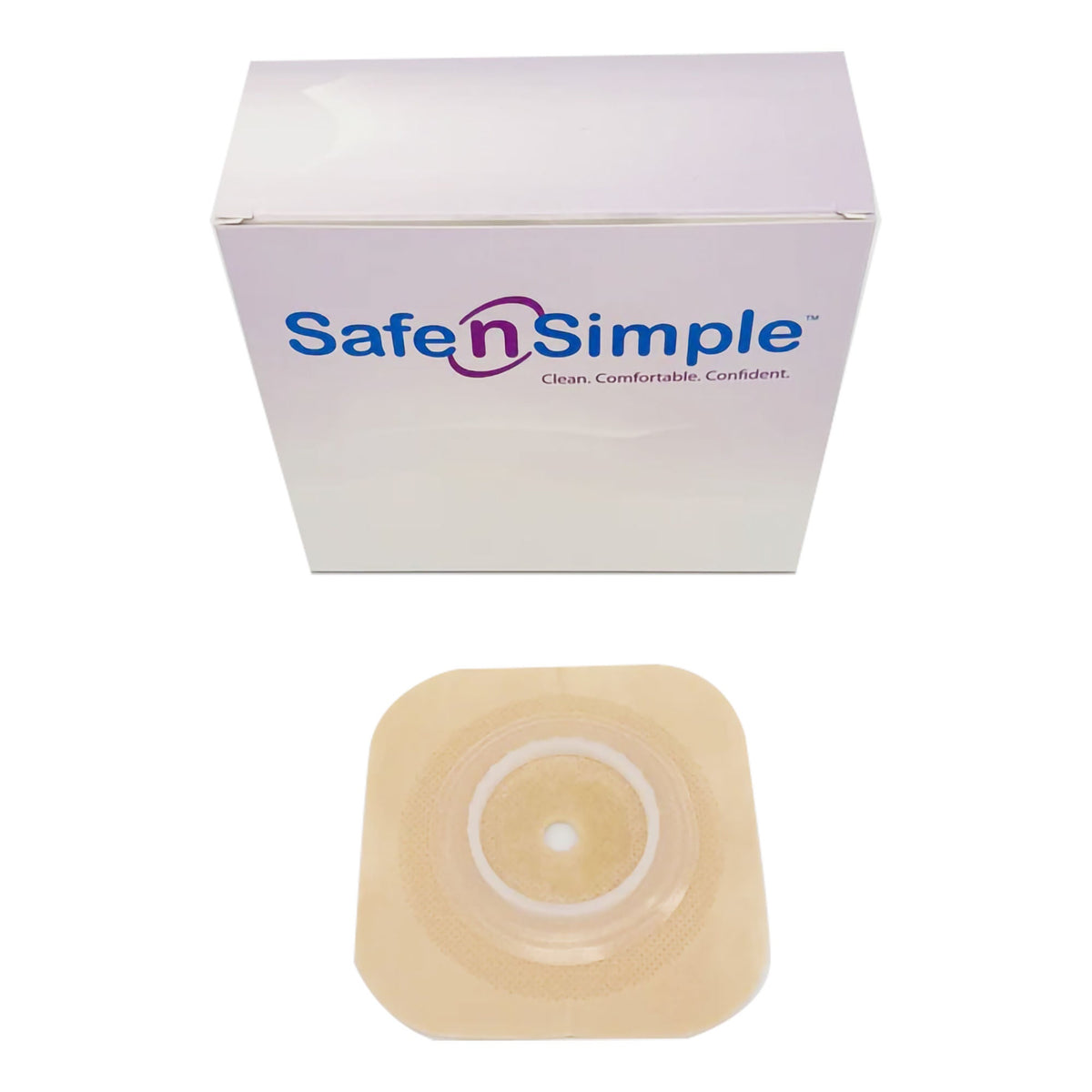 Safe-n-Simple Securi-T Flat Standard Wear Wafer – 1-3/4" Flange, Beige. Exact SNS7304134NF representative image; selected stoma opening may vary.