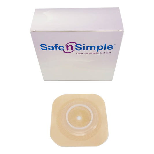 Safe-n-Simple Securi-T Flat Standard Wear Wafer – 1-3/4" Flange, Beige. Exact SNS7304134NF representative image; selected stoma opening may vary.