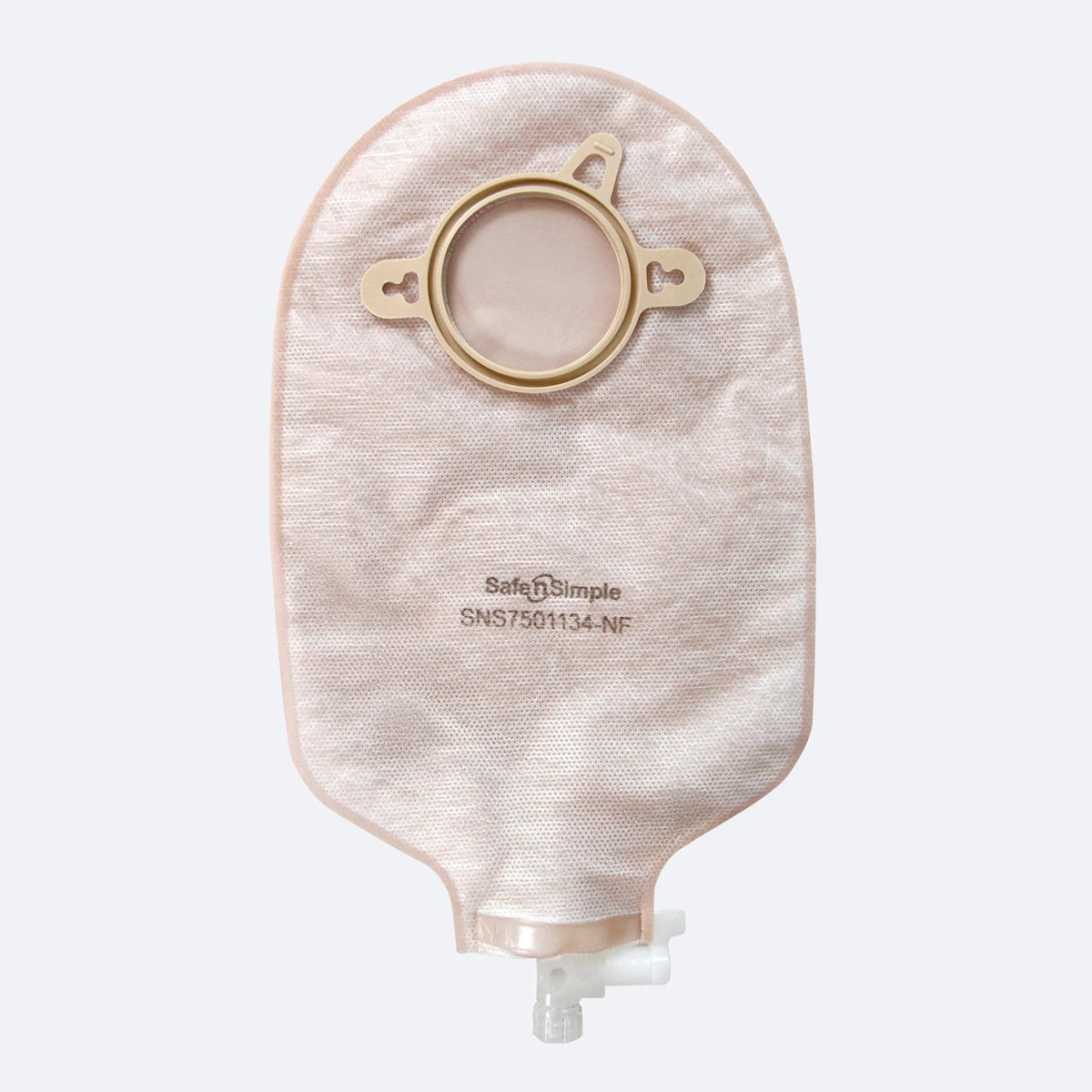 Safe-n-Simple Two-Piece Urostomy Pouch – 9 Inch, Beige, Valve. Exact SNS7501134NF manufacturer product image.