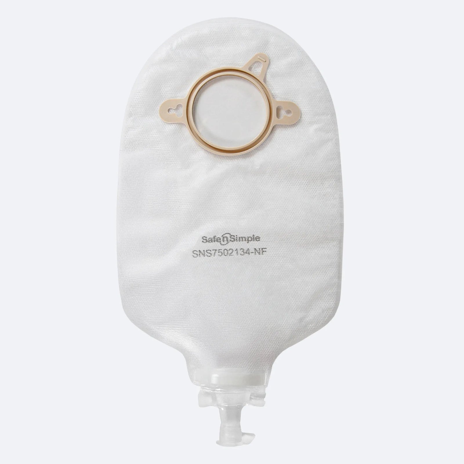 Safe-n-Simple Two-Piece Urostomy Pouch – 9 Inch, Transparent, Valve. Exact SNS7502134NF manufacturer product image.