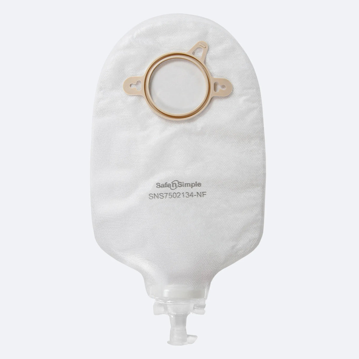 Safe-n-Simple Two-Piece Urostomy Pouch – 9 Inch, Transparent, Valve. Exact SNS7502134NF manufacturer product image.