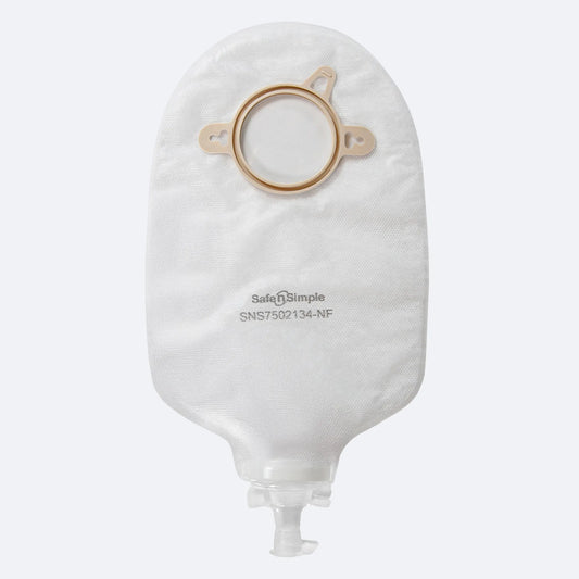 Safe-n-Simple Two-Piece Urostomy Pouch – 9 Inch, Transparent, Valve. Exact SNS7502134NF manufacturer product image.