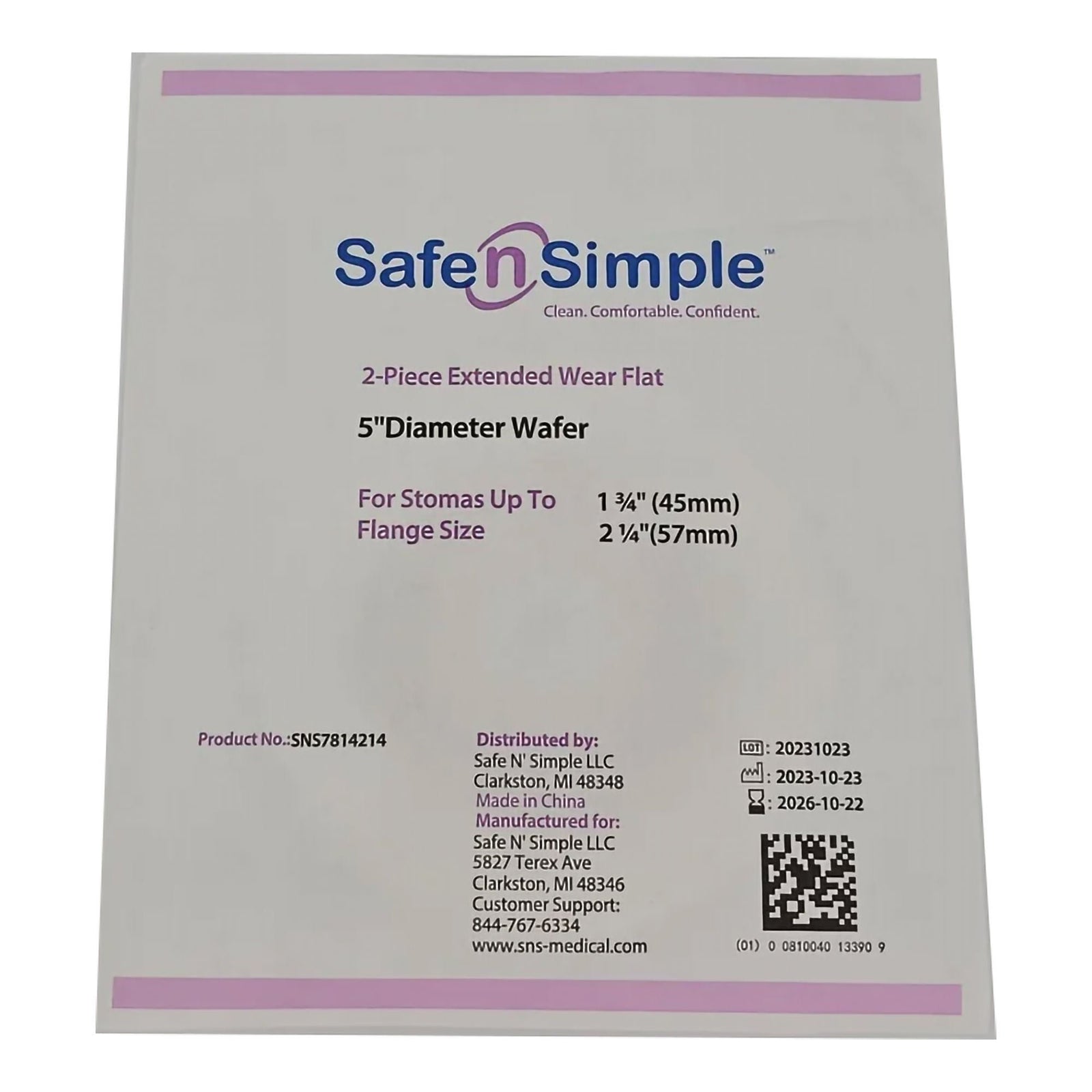 Safe-n-Simple Securi-T Flat Extended Wear Hydrocolloid Wafer – 2-1/4" Flange. exact child package front; exact SNS7814214 image.