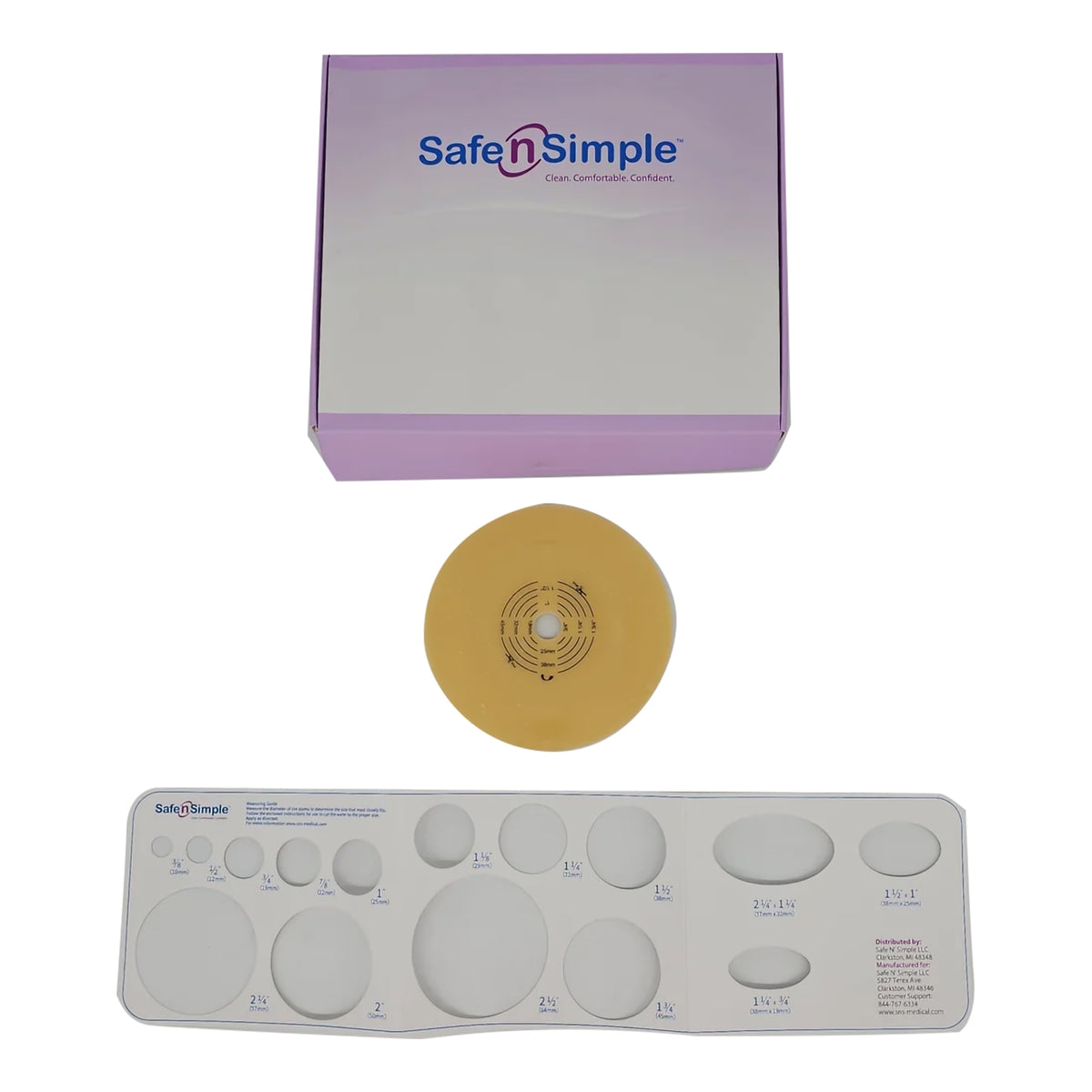 Safe-n-Simple Securi-T Flat Extended Wear Hydrocolloid Wafer – 2-1/4" Flange. exact child kit and sizing guide; exact SNS7814214 image.