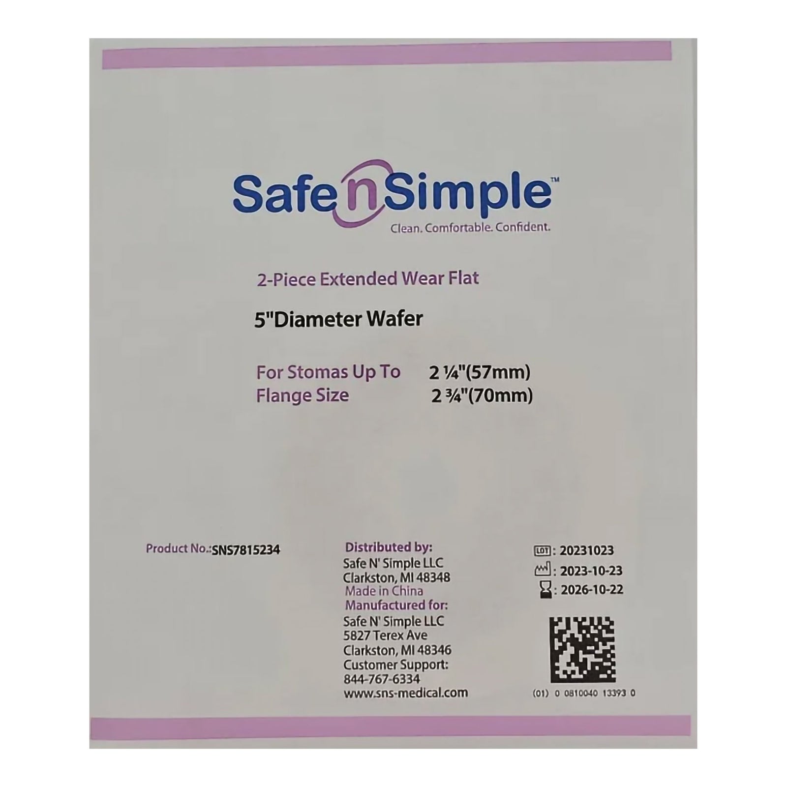 Safe-n-Simple Securi-T Flat Extended Wear Hydrocolloid Wafer – 2-3/4" Flange. exact child package front; exact SNS7815234 image.